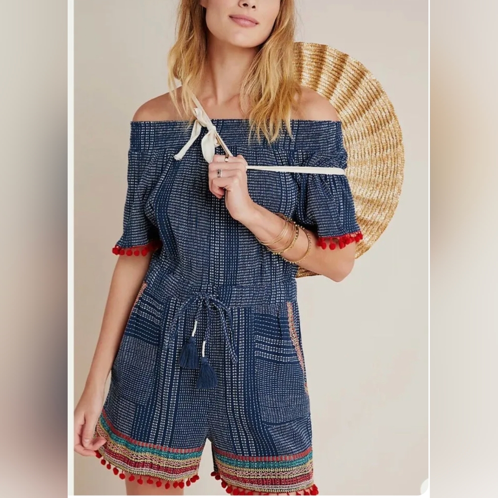 Anthropologie THML Short Romper With Embroidery And pom pom Details. XS